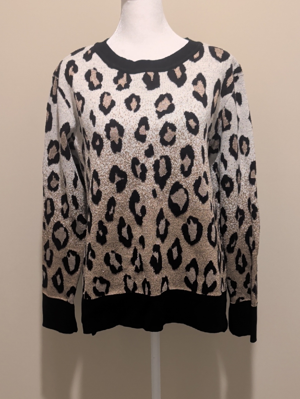 Ann Taylor Ombre  Leopard Print  Hi-Low Crewneck Sweater Brown/Cream/Gold